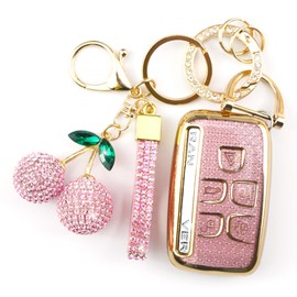 Rayslesan Sparkly Key Fob Cover with Cherry Keychain, Bling TPU Smart Key Case for Women, Compatible with Land Rover LR2 LR4 Range Rover Discovery Jaguar XJ XF XK (5-Button, Gold Pink)