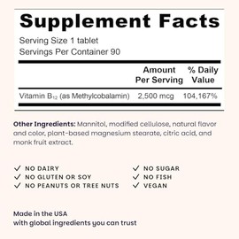 EZ Melts Dissolvable B12 Methylcobalamin 2,500 mcg - Vitamin B12 for Energy & Immune Support - Non-GMO, Vegan & Gluten-Free - Red Cherry - 90 Sublingual Tablets (2 Pack, 180 Servings)