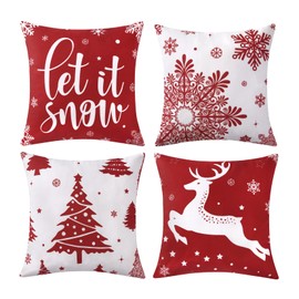 CAROMIO Christmas Decorations Velvet Pillow Covers 18x18 Inch Set of 4 Farmhouse Outdoor Decorative Pillows Winter Holiday Decor Snowflake Xmas Tree Deer Throw Cushion Covers for Sofa Couch, Red