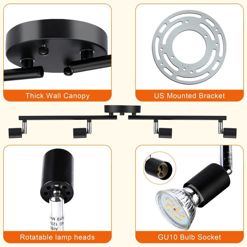HURYEE Track Lighting Kit, 4 Head Foldable Ceiling Spot Light