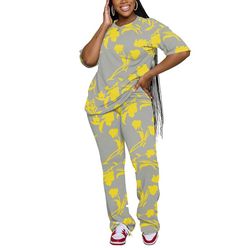 PINSV Womens Sets 2 Piece Outfits Casual Short Sleeve Top