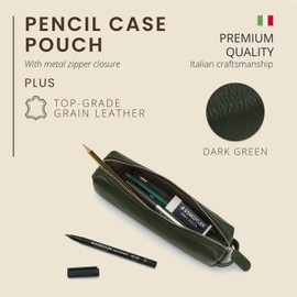 Maruse Pencil Case - Italian Grained Leather - Zipper Case for Pen and Pencils - Work Accessories Made in Italy - Green
