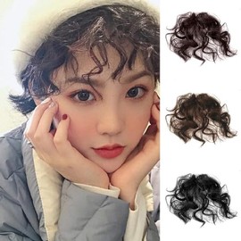 1Pc Dark Brown Fake Fringe Bang Clip-in Hair Extension Hairpiece, Natural Fluffy Curly Heat Resistant Highlight Wig Headwear, for Girl Lady Women Anime Party Cosplay Wedding Dating