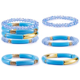 Ornaland 4Pcs Acrylic Chunky Curved Bamboo Tube Stretch Bracelet Sets Polymer Clay Friendship Bangles Stackable Crystal Glass Beads Bracelets Wrist Jewelry for Women Men(Blue)