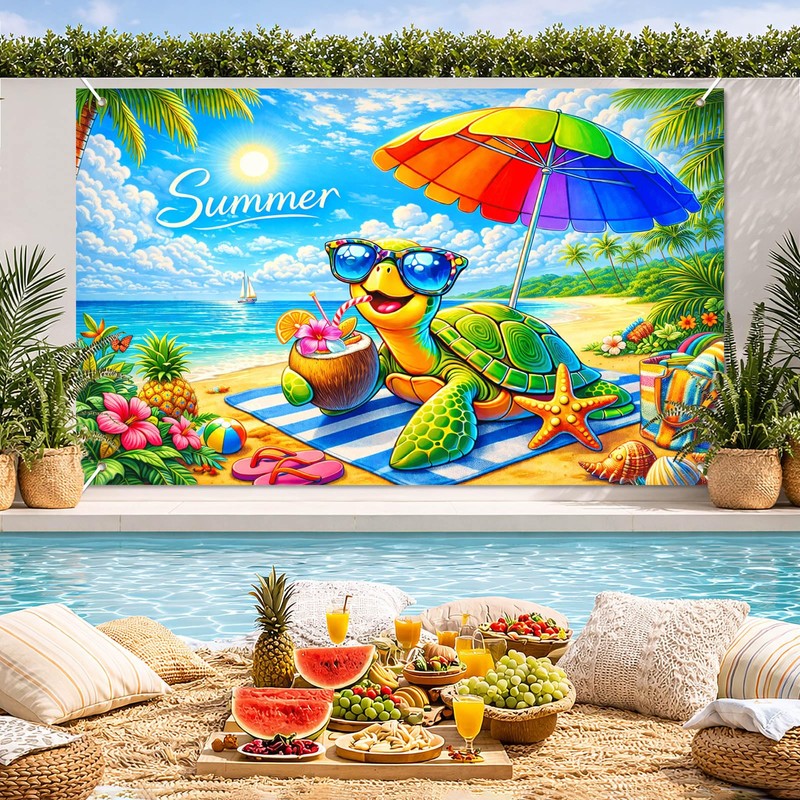 BlissYard Summer Beach Party Banner Cute Sea Turtle Beach Backdrop