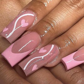 Lifextol 24pc Pink French Tip Square Heart Design Press-on Nails with Adhesive Tabs