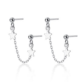 Reffeer Solid 925 Sterling Silver Two Piercing Cute Ball Star Stud Chain Earrings Climber Ball Star Cuff Earrings Helix for Women Earrings (A-Silver)