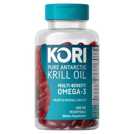 Kori Krill Suplemento de Omega 3 de aceite de krill antártico (EPA y DHA), mejor absorción que el aceite de pescado, 800 mg, 90 cápsulas blandas      
