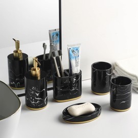 5-Piece Bathroom Counter Top Accessory Set - Dispenser for Liquid Soap or Lotion, Soap Dish, Toothbrush Holder and 2 Tumblers, Gold Base, Marble Pattern Resin (Black)