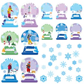BeYumi Winter Snow Globe Cutouts - 65Pcs Photo Snow Globe Cutouts Set Xmas Name Tag Snow Glass Domes Cutout Snowflake Bulletin Board Decorations Winter School Classroom Party Activities Holiday Decor