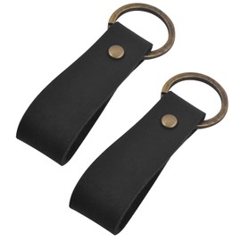 Kioiner 2 Pcs Genuine Leather Keychains, Vintage Keyring Strap Premium Cowhide Leather Key Fob with Copper Loop for Men Women (Black)