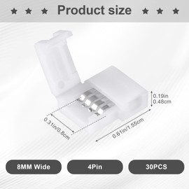 KIKOOD 30pcs 4 Pin 8mm LED Strip Light Connectors, Solderless RGB LED Light Strip Adapter, Gapless LED Strip Clip for SMD 3528 2835 Multicolor LED Strip Light, White, OF6757-M