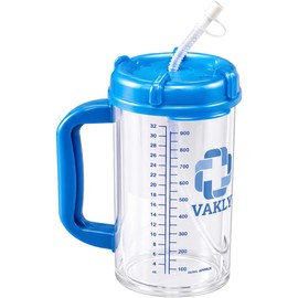 Vakly Insulated Hospital Carafe 32 oz – Double Wall Graduated Water Bottle with Straw & Pour Spout, Hot & Cold Bedside Carafe for Patient Care & Home Use