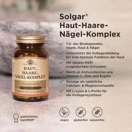 SOLGAR® Haut-, Haare-, Nägel-Komplex | mit MSM, Rotalge, Vitamin C, Lysin, Prolin, Zink & Kupfer für Haare, Haut und Nägel | Einzigartige Formel mit patentiertem OptiMSM® | 60 Tabletten