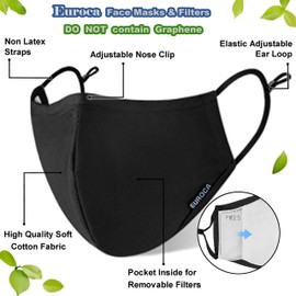 Euroca 3 Layers Face Masks Reusable Washable Breathable Made from Cotton Fabric With Nose Clip Adjustable Ear Loop For Adult - 2 Filters Included (Black Small)