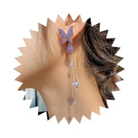 Wendalern Long Pearl Drop Earrings Sparkling CZ Diamond Butterfly Stud Earrings Purple Crystal Tear Dangle Earrings Small Pearl Butterfly Statement Earrings Wedding Bridal Jewellery For Women, Zinc