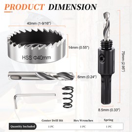 METALLIXITY Hole Saw Kit 40mm (1-9/16"), 4241 High Speed Steel Hole Cutter with Center Drill Bit, Hex Key and Spring - for Soft Metal, Wood, Plastic, Plasterboard, PVC Boards, Silver