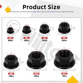 Hilitchi 135Pcs Black Nylon Flange Nuts Set, M3 M4 M5 M6 M8 M10 M12 Flange Nylon Insert Lock Nuts Flange Hex Nuts Nylon Hex Flange Nuts Assortment Set for Furniture Machinery Industry
