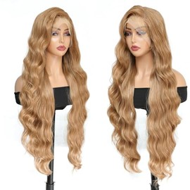 X-TRESS Honey Blonde Lace Front Wigs Long Body Wave Wigs, HD Glueless Synthetic Lace Front Wig for Black White Women Pre-plucked Hairline Natural Looking 32 Inches
