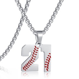 SKQIR Number Necklace for Men Baseball Silver Baseball Jersey Number Pendant for Athletes Number Chain for Boys Sport Stainless Steel Baseball gifts（Number：21