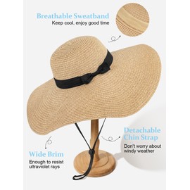Womens Sun Hat UV Protection Wide Brim Beach Hat Floppy Foldable Roll-Up Straw Hats for Women UPF 50 Khaki Beige