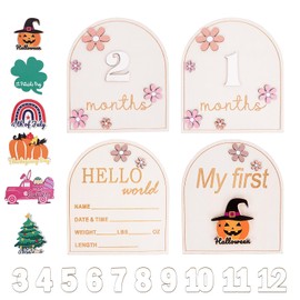 2 Pcs Baby Monthly Milestone Sign, One Month Baby Announcement Sign Milestone Wooden Circles, Baby Name My First Holiday Milestone Signs for Baby Girl Nursery Decor Newborn Photography Props