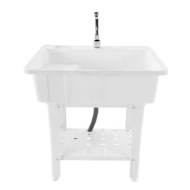 Utility Sink Laundry Tub with Washboard, Indoor and Outdoor Utility Sink with Cold and Hot Water Faucet, Hoses and Drain Kit for Laundry Room, Garage, Basement