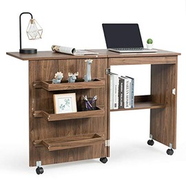 Brown Foldable Sewing Table Cabinet 3 Storage Bins for Placing Sewing Tools Extra Storage Shelf for Sewing Machine Multifunctional Design Can Be Used As Computer Desk Laptop Notebook Table