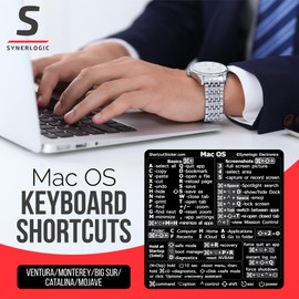 Synerlogic (2pcs) Mac OS Shortcuts for Sonoma/Ventura/Monterey/Etc M1/M2/M3/Intel, No-Residue Laminated Vinyl Sticker for 13-16-inch MacBook Air/Pro/iMac/Mini (Black)