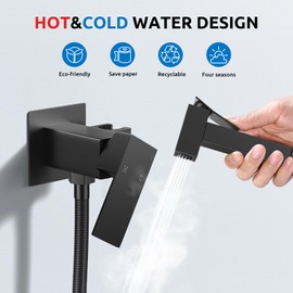 Arofa Warm Water Bidet Sprayer for Toilet with Hot and Cold Rough-in Valve, Hands-Free Handheld Bidet with Adjustable Water Flow, Black Square Bidet Toilet Sprayer with Bidet Hose for Feminine Wash