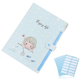 1 Pcs Cute Cartoon Plastic A4 Expanding File Folder Pockets Accordion Document Organizer and 168 Pcs File Folder Labels (Girl Blue)