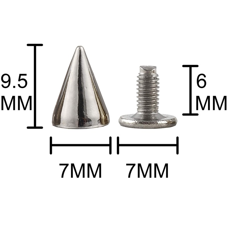 100 Sets 9.5MM Silver Spikes and Studs Metal Bullet Cone