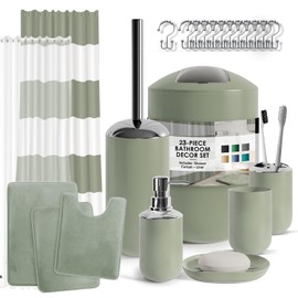 Clara Clark Bathroom Set - Sage Green Bathroom Accessories Set, Bathroom Sets with Shower Curtain and Rugs, 23PC Shower Curtain Set with Liner, Soap Dispenser, Soap Dish, and Toilet Brush Holder