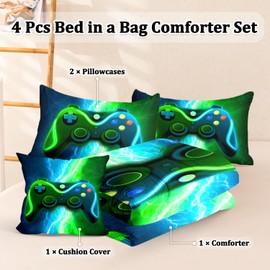 BERTSUCA Full Gamer Bedding Sets for Boys Teen, 4 Pcs Full Size Gaming Comforter Set for Boys Full Szie Bedding Set
