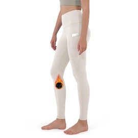 ODODOS ODTHERMAL Women's Fleece Lined Full Length Yoga Pants with Pockets - 28" High Waisted Warm Workout Leggings, Oat Milk, Medium