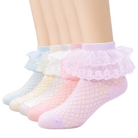 Looching 5 Pairs Toddler Baby Girls Ruffle Lace Trim Socks - White/Pink/Multicolor - Size 7-13T - Ankle Socks - Princess Style - Girls - Cotton - 5 Count
