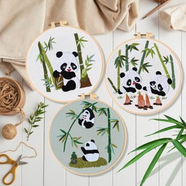 JSRQT 3 Sets Embroidery Starter Kit for Beginners Adults, Stamped Cross Stitch Kit with Panda Pattern, DIY Craft Handmade Needlepoint Embroidery Kit for Craft Lovers with Tool Kit, DIY Home Decoration