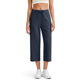 G4Free Wide Leg Yoga Pants for Women,Summer Casual Capris with Pockets Elastic Drawstring Waist Lightweight Soft Lounge Crop Pants (Dark Navy,XS,19")