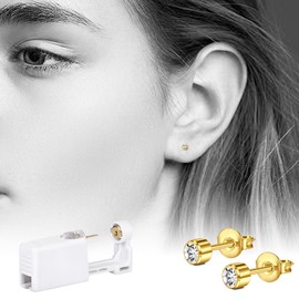 LAURITAMI Set of 4 Stud Earrings, Self-Piercing Gold/Silver Set, Sterile Safety Ear Piercing Gun with CZ Stud Earrings, Painless Self Piercing Tool for Girls Women Men, Stainless Steel