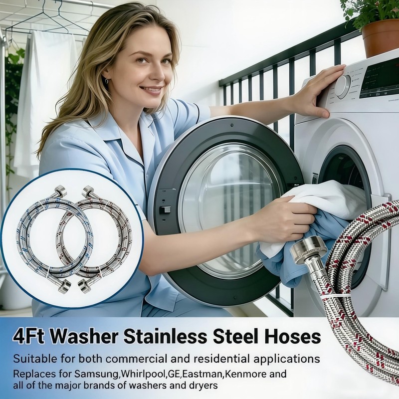 4ft Premium Stainless Steel Washing Machine Hoses Burst Proof 2