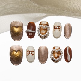 Sun&Beam Nails Handmade Nail Tip, Short, Round, Brown, White, False Claws, 3D Pearl, Hand-painted Design, Stylish, False Nails, Pack of 10 (#213 M)