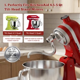 Stainless Steel Spiral Dough Hook Replacement Compatible with KitchenAid 4.5-5 Qt Tilt-Head Stand Mixers, Mixer Attachment for Bread, Pizza & Pastry, Rustproof & 25% Faster Kneading