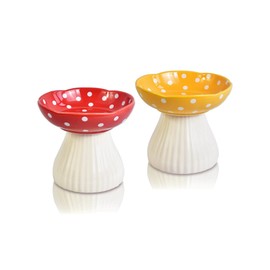 XJYYLX Mushroom Raised Cat Bowls Ceramic, Elevated Cute Cat Food Bowl Whisker Friendly, Mushroom Cat Bowl Set Red+Yellow 6" Wide
