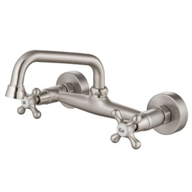 Airuida Wall Mount Kitchen Sink Faucet for 6 Inch(15cm) Spout Reach 8 Inch Center Adjustable Center Double Cross Handles Hot and Cold Water Mixer Tap 360 Rotatable Faucet Brushed Nickel