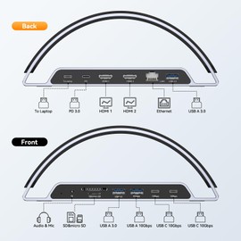 TobenONE Laptop Docking Station Dual Monitor HDMI, USB C Docking Station Stand with 4K, 100W Power, USB A&C 3.2 Ports, SD/microSD, Audio for Dell/HP/Lenovo/Surface
