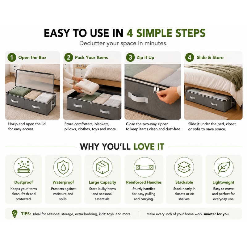 1pc/2pcs/3pcs Dustproof Under Bed Storage Box with Reinforced Handles for