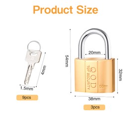 Padlock 38 mm, Pack of 3 Padlock Small with 9 Keys Brass Padlock with Key for Locker Gym Lockers Suitcase