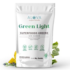 Alova  Jugo Verde en Polvo Sin Azucar  Superfoods 100 Naturales, Sin Gluten, Sin Sabor, Green Light, 30 Servicios, 300g                               