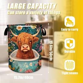 Highland Cow Laundry Basket,Foldable Oxford Cloth Funny Tote Bag Laundry Hamper Clothes Storage Bucket Toy Organizer For Bathroom Laundry Storage Bedroom 18.9x16.5