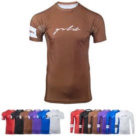 Gold BJJ Foundation Rash Guard - Ranked No-Gi and Gi Jiu Jitsu Rashguard, Brown (Short Sleeve), Large